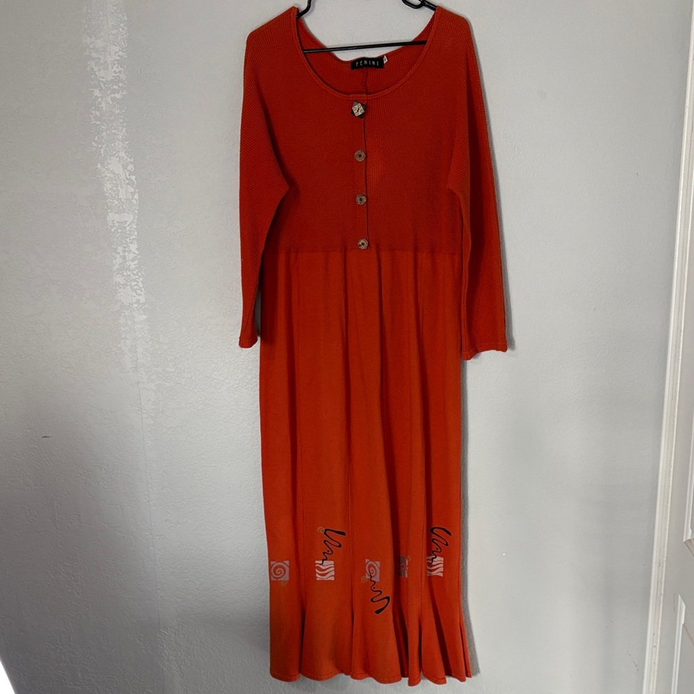 Fenini Orange Cotton Long Sleeve Maxi Dress VTG M